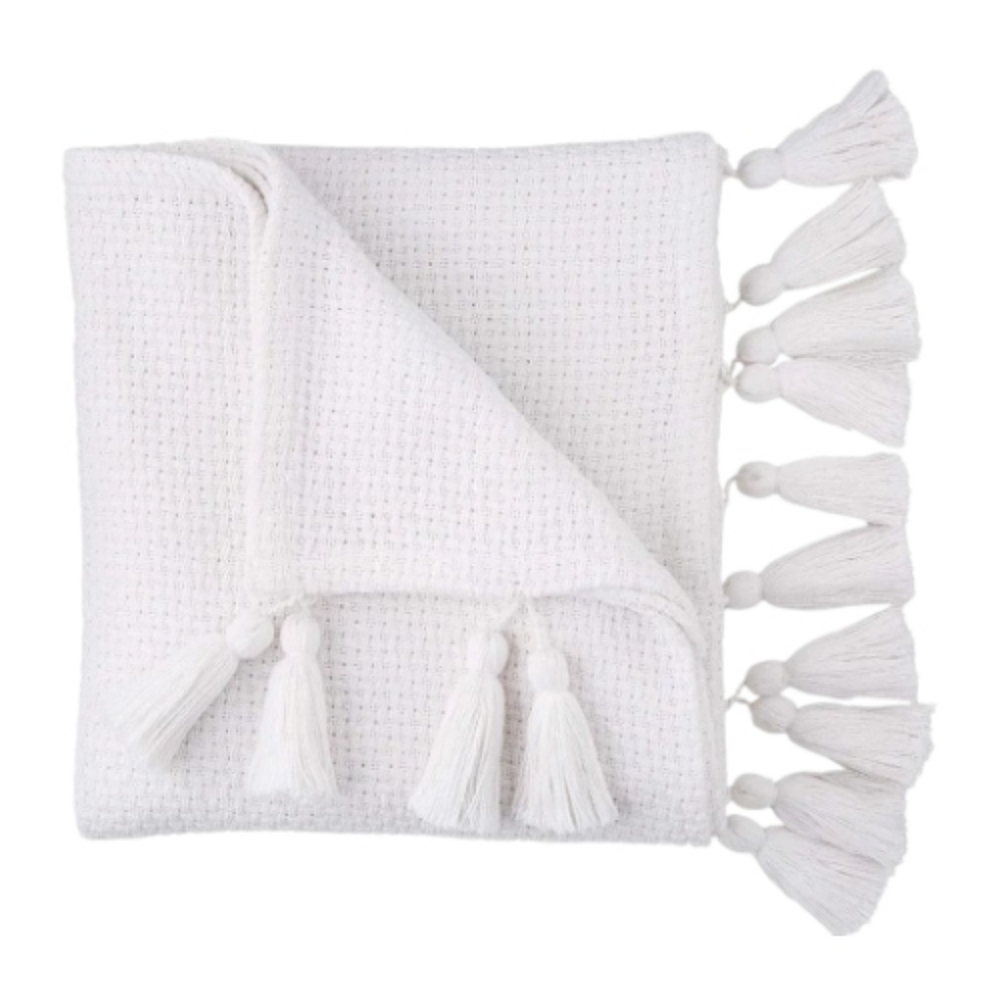 Beddy's Bed-Ease White Knitted Throw Blanket with Tassels Fringe NWOT